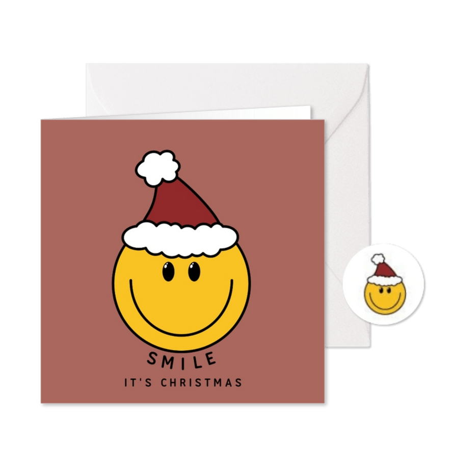 Grappige kerstkaart Smile its Christmas met smiley - Kaartimpressie