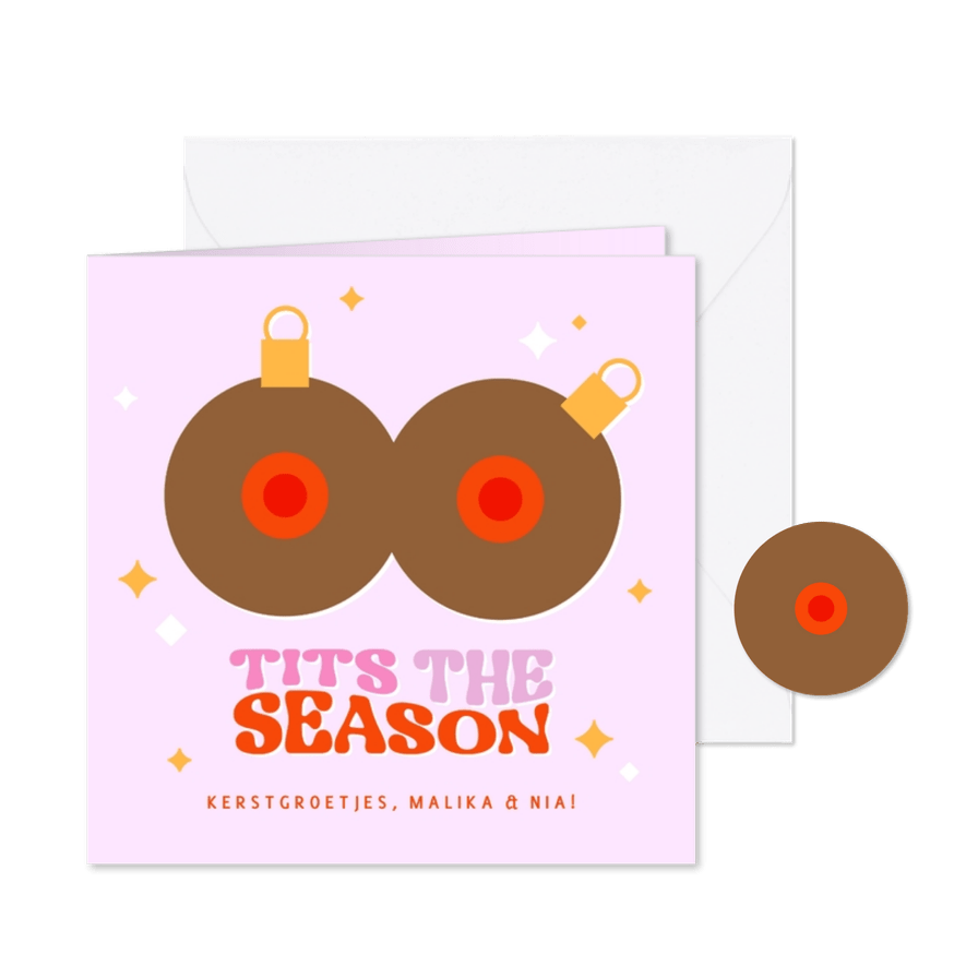 Grappige kerstkaart 'Tits the season' borsten kerstballen  - Kaartimpressie