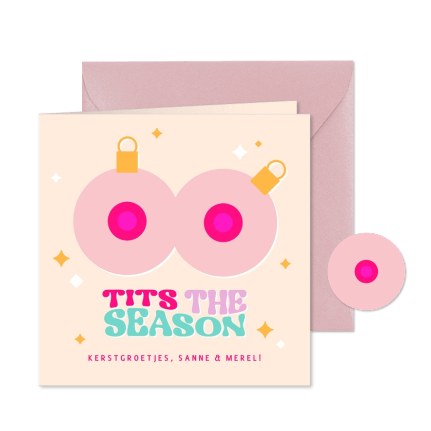 Grappige kerstkaart Tits the season met borsten kerstballen - Kaartimpressie