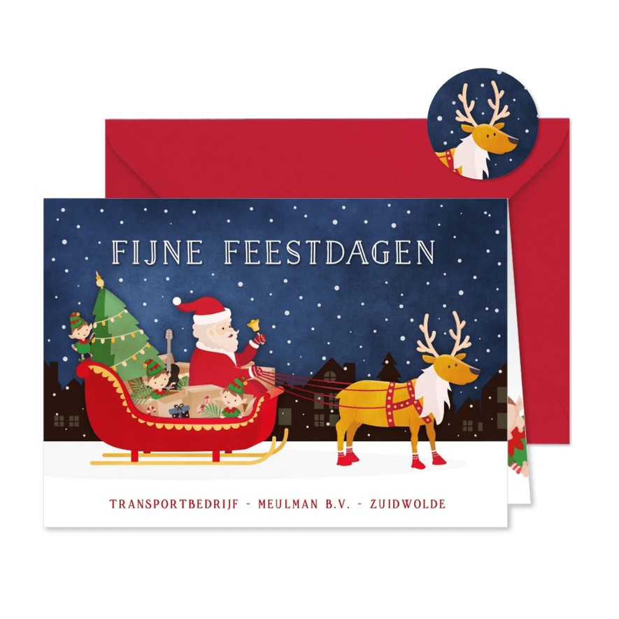 Grappige kerstkaart transport branche met volle arrenslee - Kaartimpressie