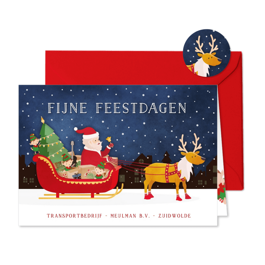 Grappige kerstkaart transport branche met volle arrenslee  - Kaartimpressie