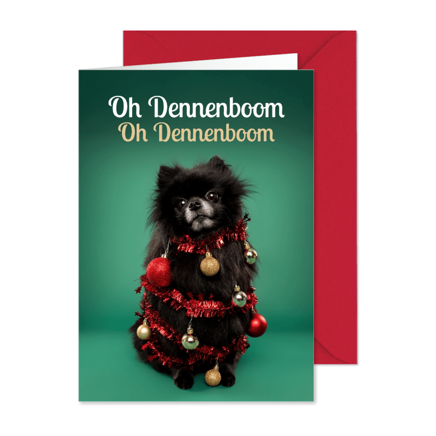 Grappige kerstkaart van hondje als kerstboom met ballen - Kaartimpressie