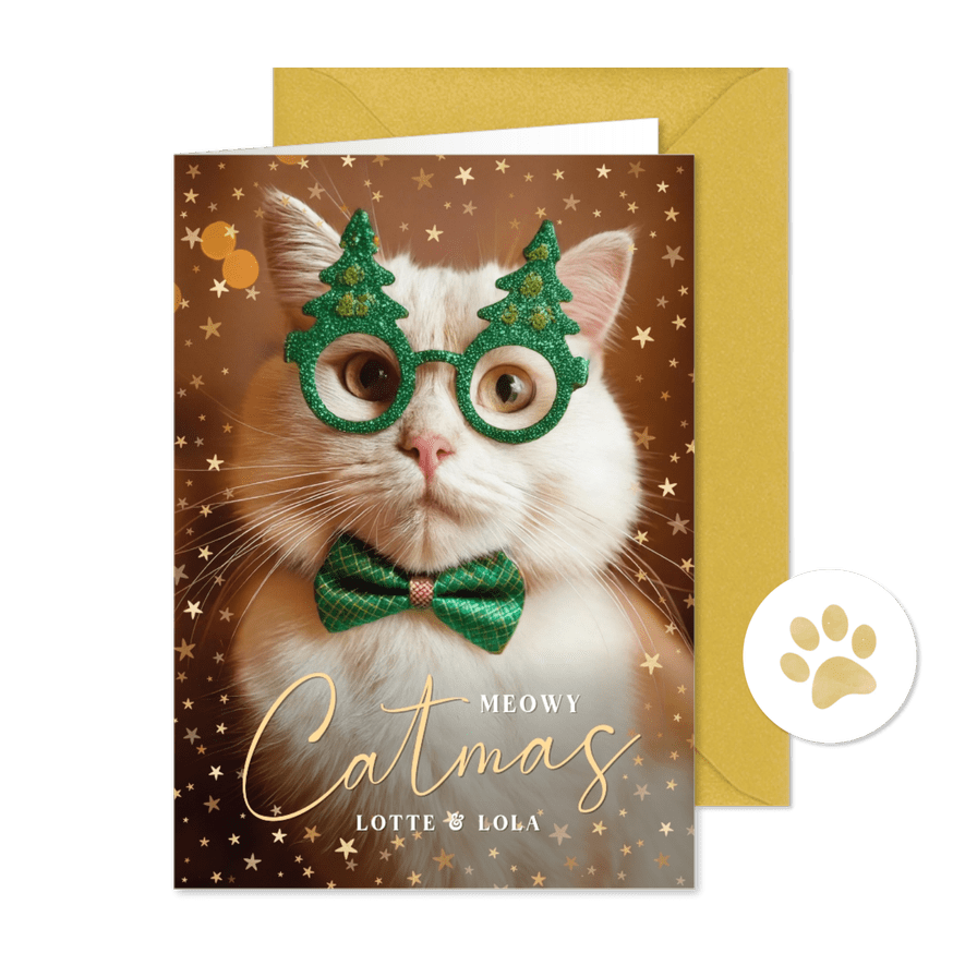 Grappige kerstkaart van jou en je kat 'Meowy Catmas' - Kaartimpressie