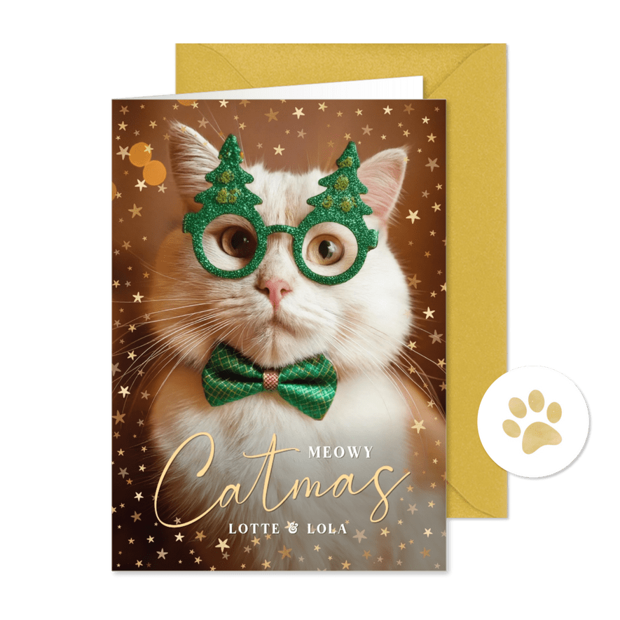 Grappige kerstkaart van jou en je kat 'Meowy Catmas' - Kaartimpressie