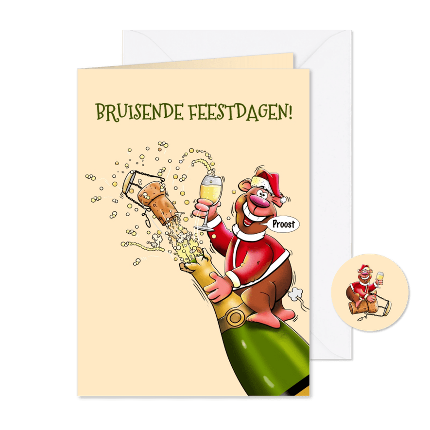 Grappige kerstkaart vliegende beer en fles champagne  - Kaartimpressie