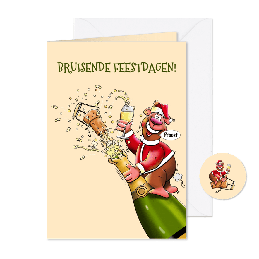 Grappige kerstkaart vliegende beer en fles champagne - Kaartimpressie