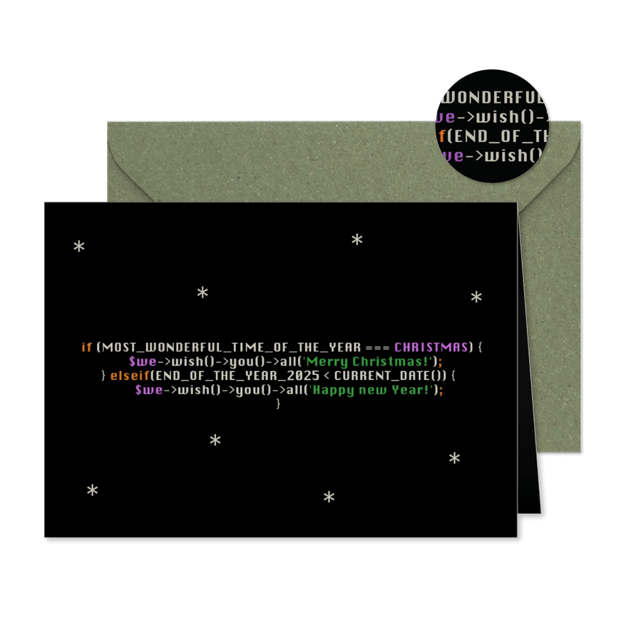 Grappige kerstkaart voor de ICT branch met kerst broncode - Kaartimpressie