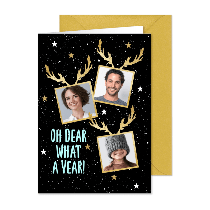 Grappige kerstkaarten met 3 foto's en hertjes gewei - Kaartimpressie