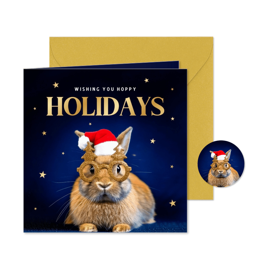 Grappige kerstkaartjes konijn met kerstmuts en bril - Kaartimpressie