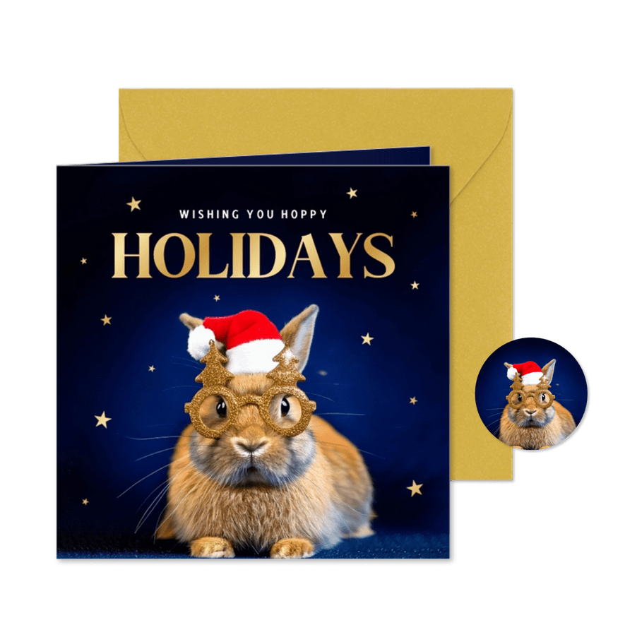 Grappige kerstkaartjes konijn met kerstmuts en bril - Kaartimpressie