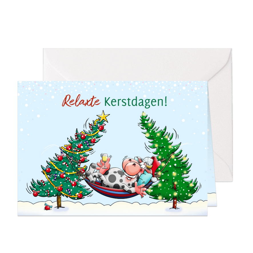 Grappige leuke kerstkaart met koe en kerstbomen - Kaartimpressie