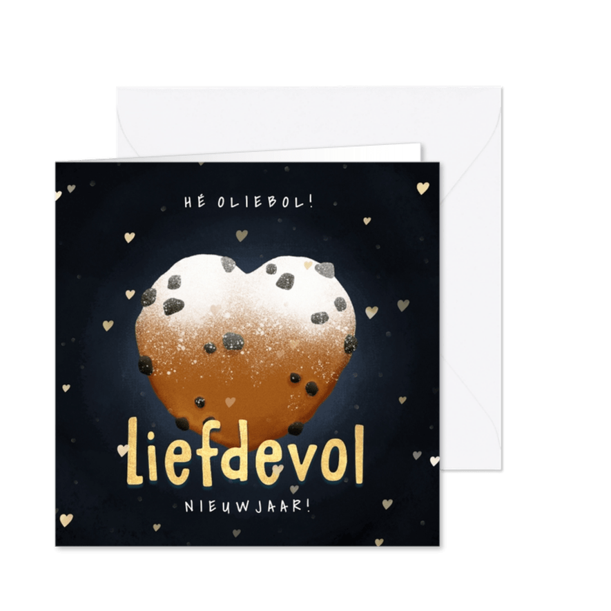 Grappige, liefdevolle nieuwjaarskaart met oliebol en hartjes - Kaartimpressie