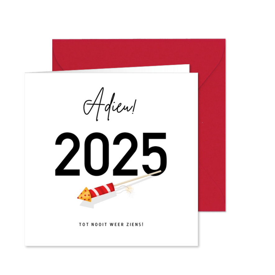 Grappige nieuwjaarskaart - Adieu 2025 met vuurpijl - Kaartimpressie