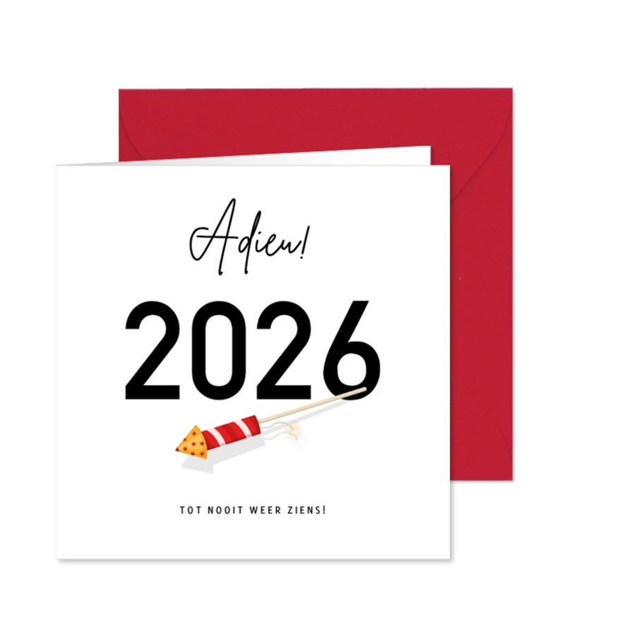 Grappige nieuwjaarskaart - Adieu 2026 met vuurpijl - Kaartimpressie