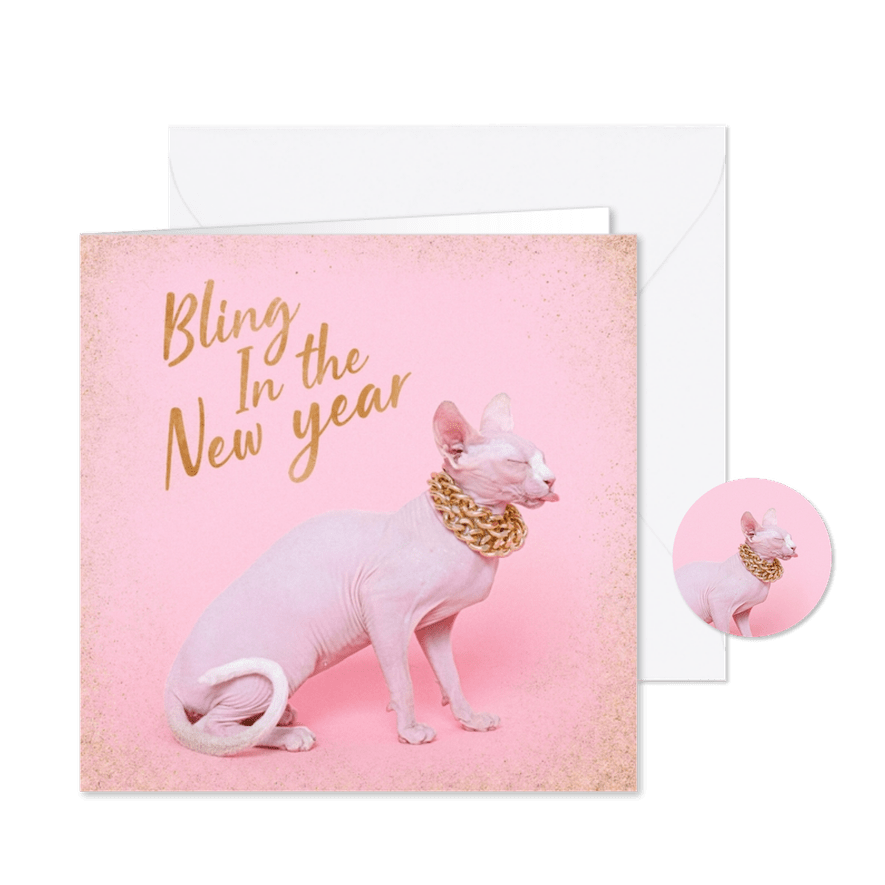Grappige nieuwjaarskaart bling kat met ketting roze - Kaartimpressie