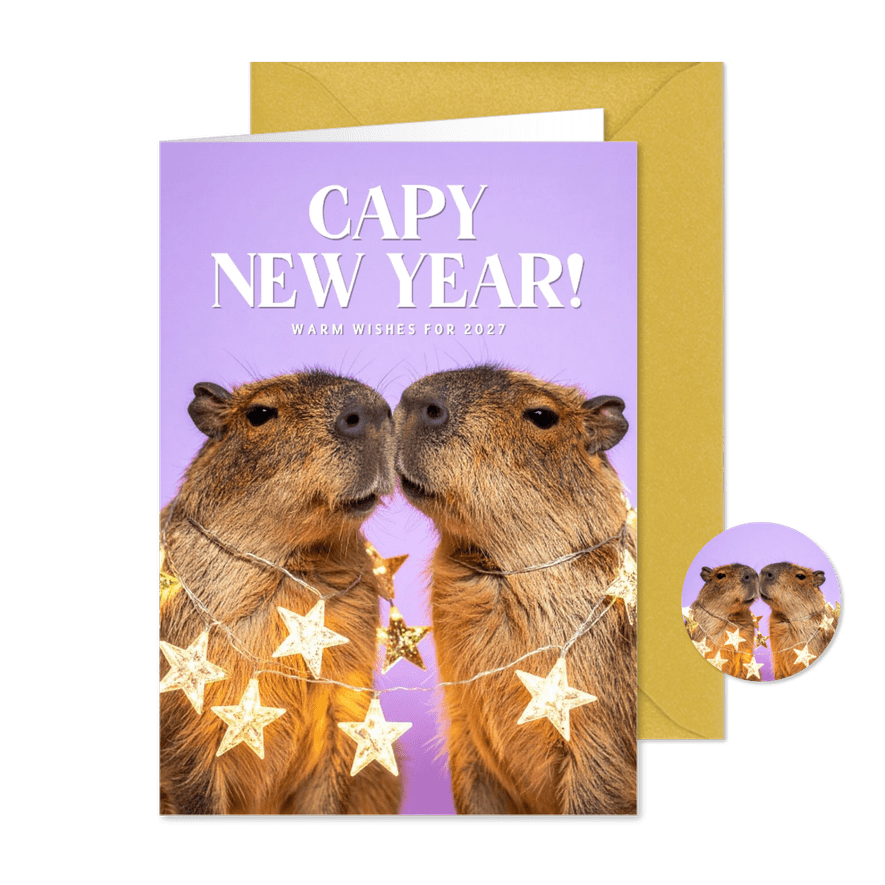 Grappige nieuwjaarskaart capibara lila capy new year - Kaartimpressie