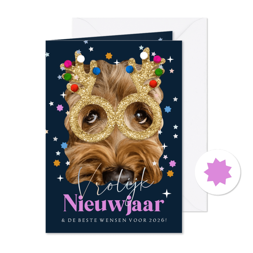 Grappige nieuwjaarskaart foto glitterbril rendier sterren - Kaartimpressie