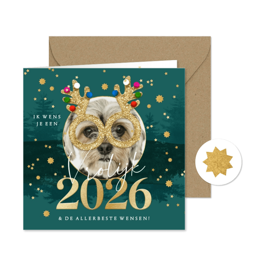 Grappige nieuwjaarskaart glitterbril foto jaartal goudlook - Kaartimpressie