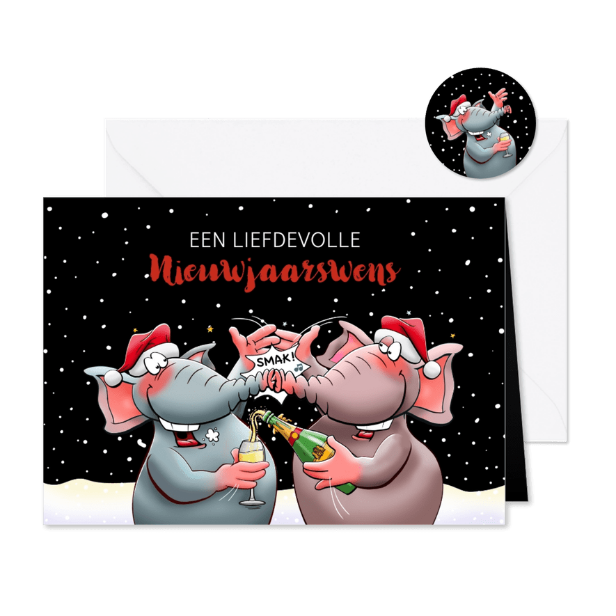 Grappige nieuwjaarskaart met 2 olifanten, die proosten - Kaartimpressie