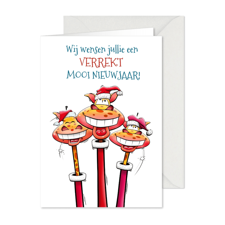 Grappige Nieuwjaarskaart met 3 giraffen met verrekte nekken - Kaartimpressie