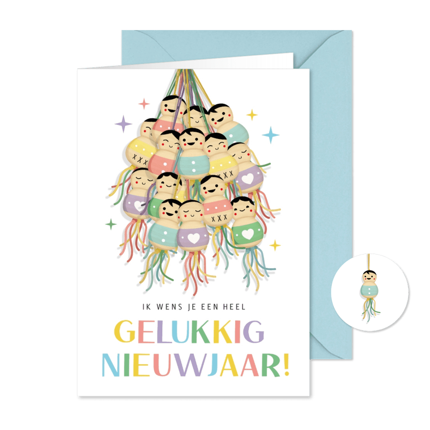 Grappige nieuwjaarskaart met een tros gelukspoppetjes - Kaartimpressie