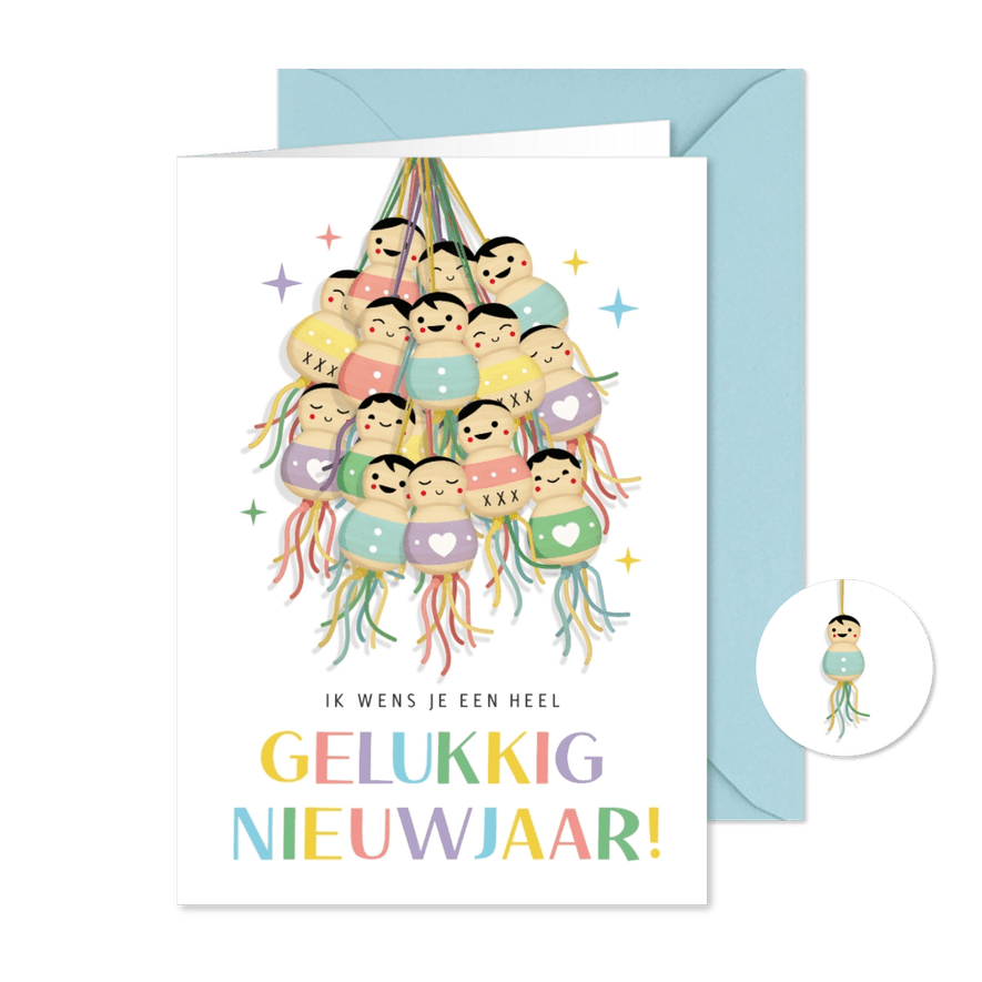 Grappige nieuwjaarskaart met een tros gelukspoppetjes - Kaartimpressie