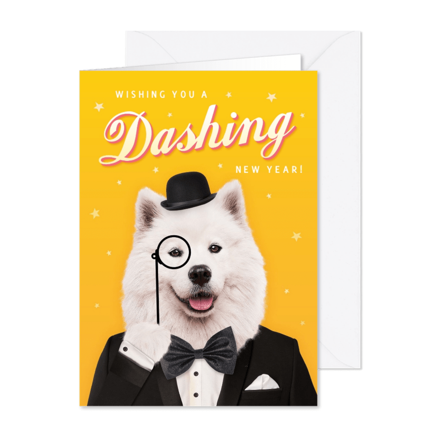 Grappige nieuwjaarskaart met hond in smoking 'Dashing' - Kaartimpressie