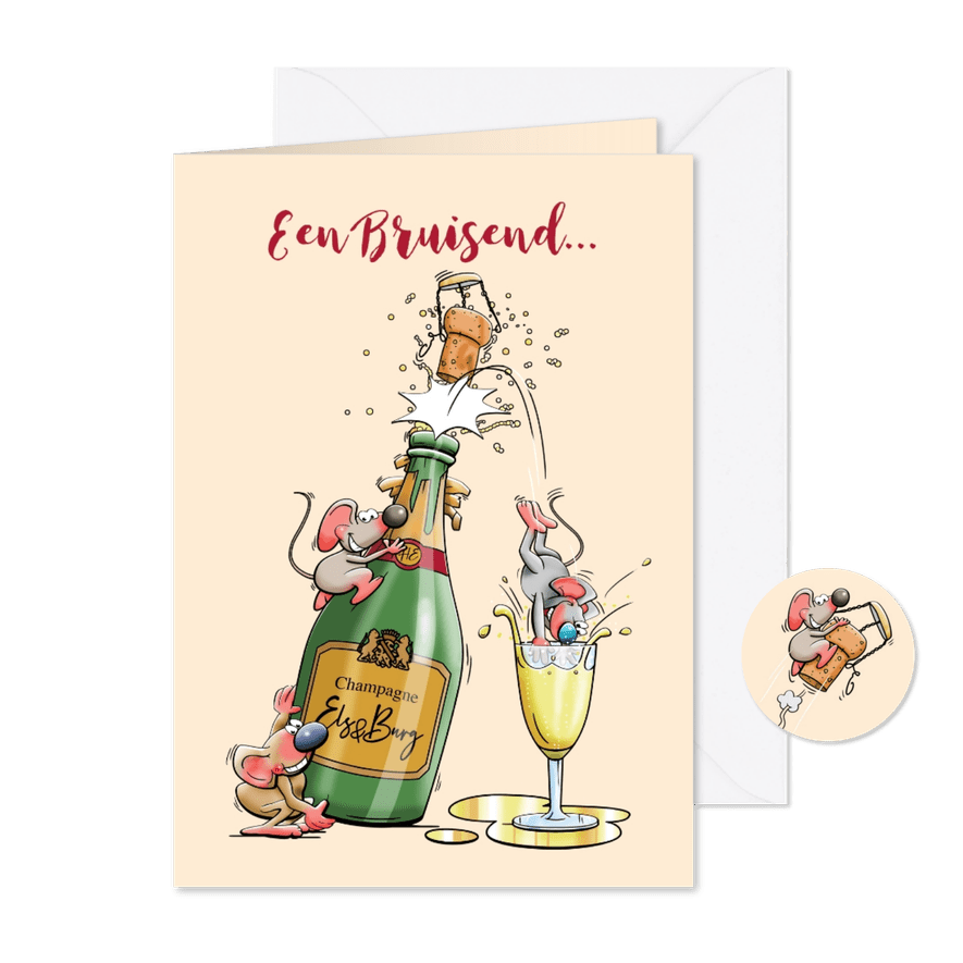 Grappige nieuwjaarskaart met leuke muizen en fles champagne - Kaartimpressie