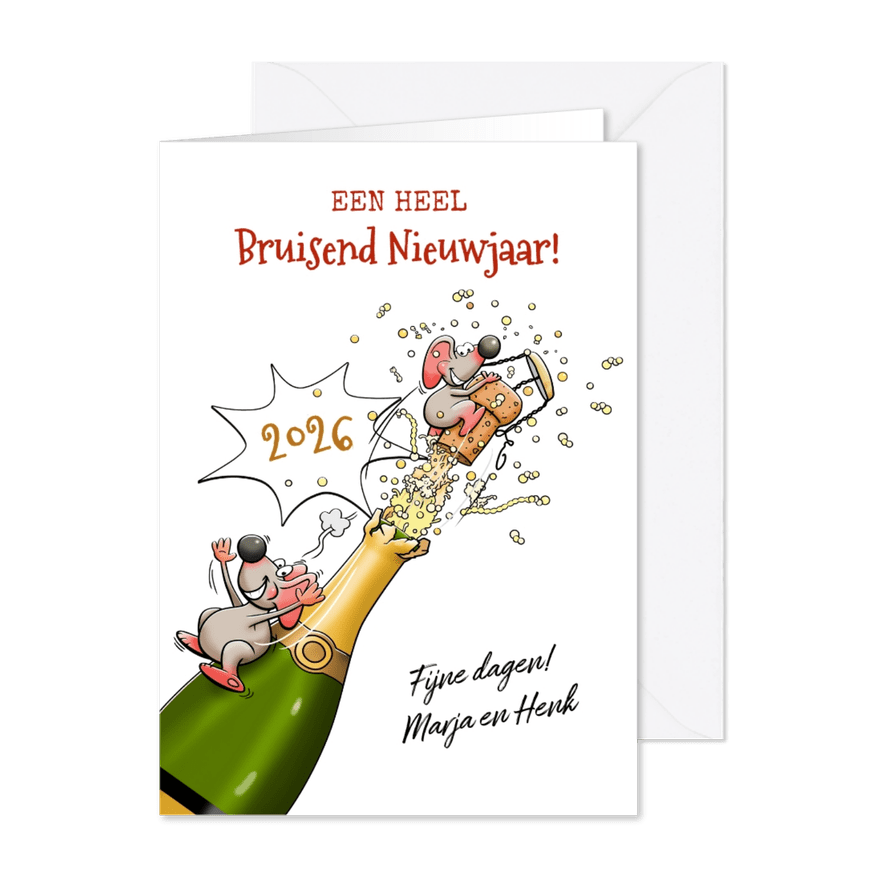Grappige nieuwjaarskaart met muizen en champagne - Kaartimpressie