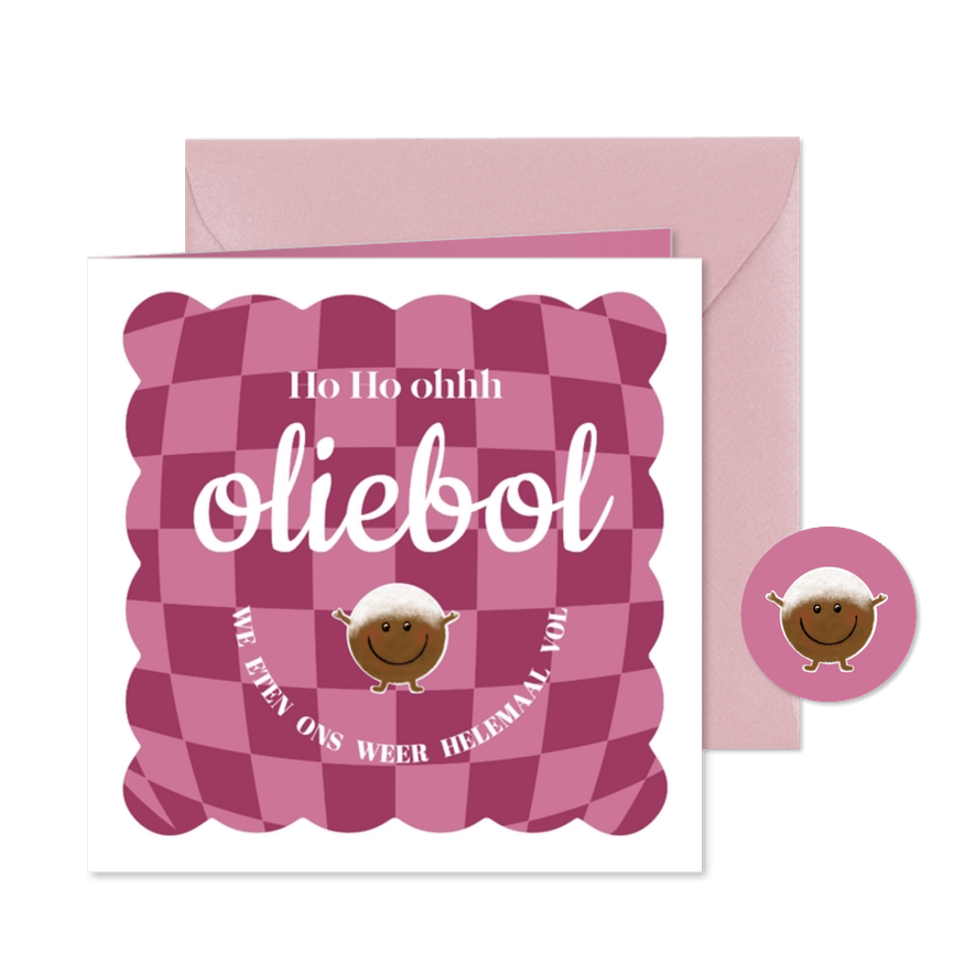 Grappige nieuwjaarskaart roze en een oliebol - Kaartimpressie