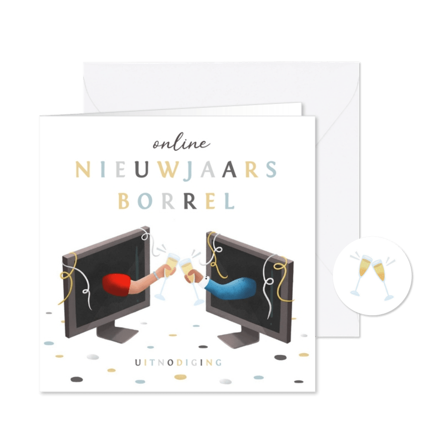 Grappige online nieuwjaarsborrel uitnodiging kaart - Kaartimpressie