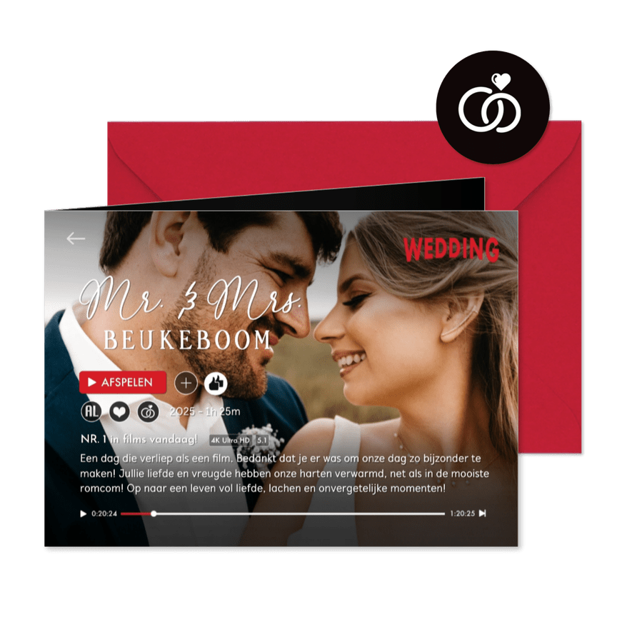 Grappige originele bedankkaart huwelijk film aankondiging - Kaartimpressie