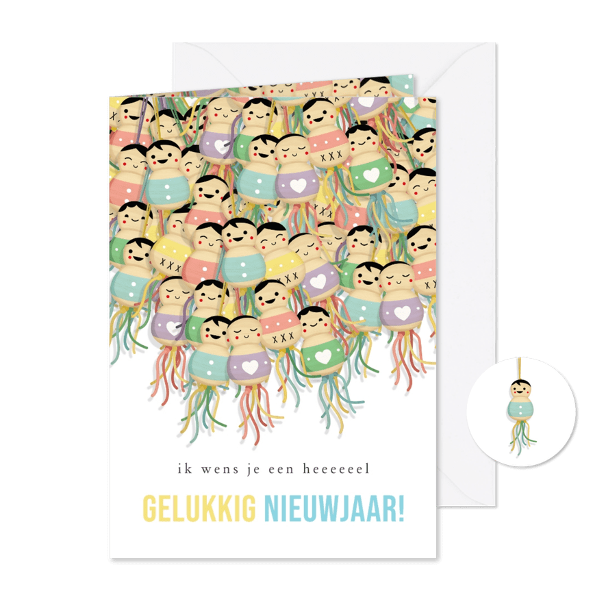 Grappige originele nieuwjaarskaart met veel gelukspoppetjes - Kaartimpressie
