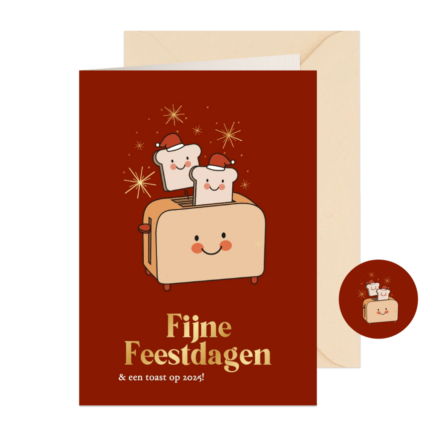 Grappige rode kerstkaart met broodrooster en gouden sterren - Kaartimpressie