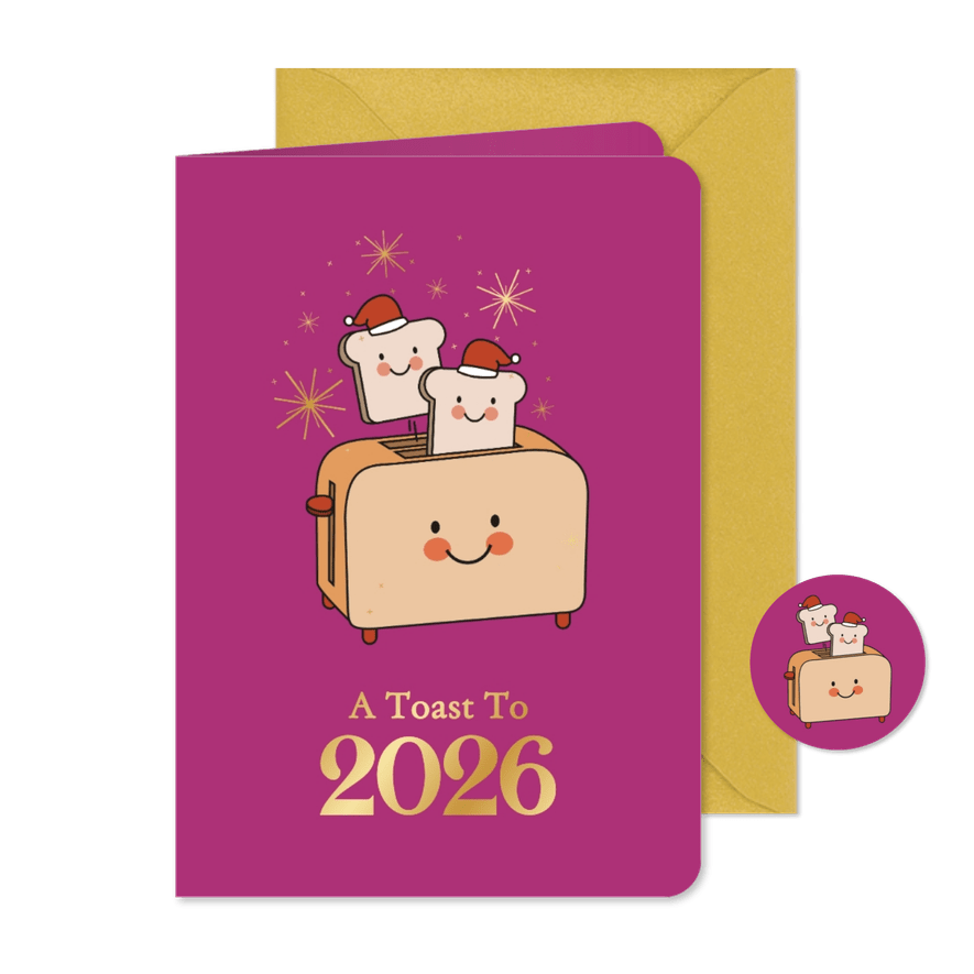 Grappige roze kerstkaart met broodrooster toast op 2026 - Kaartimpressie