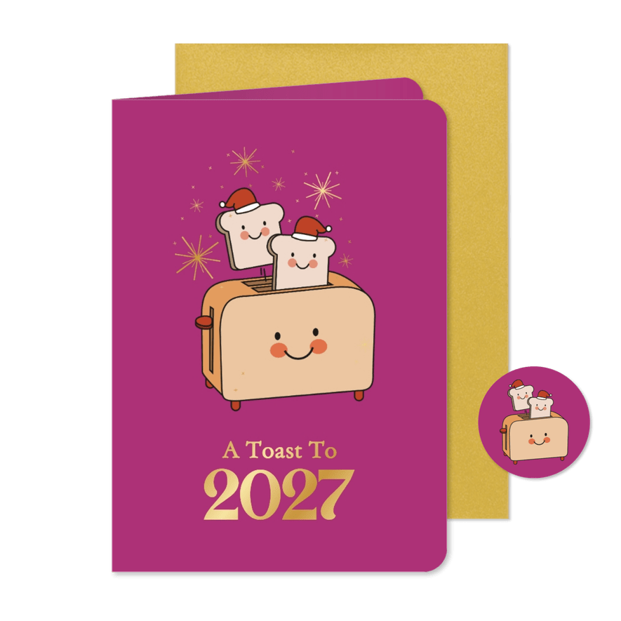 Grappige roze kerstkaart met broodrooster toast op 2027 - Kaartimpressie