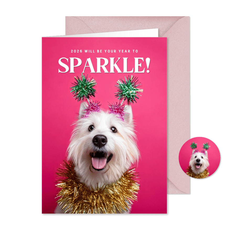 Grappige roze nieuwjaarskaart met hond your year to sparkle - Kaartimpressie