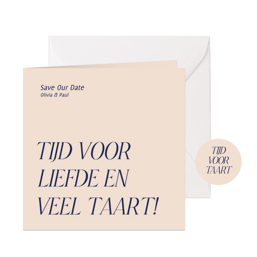 Grappige save the date kaart liefde en taart - Kaartimpressie