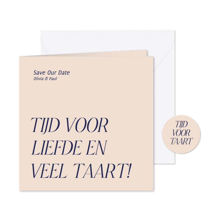 Grappige save the date kaart liefde en taart - Kaartimpressie
