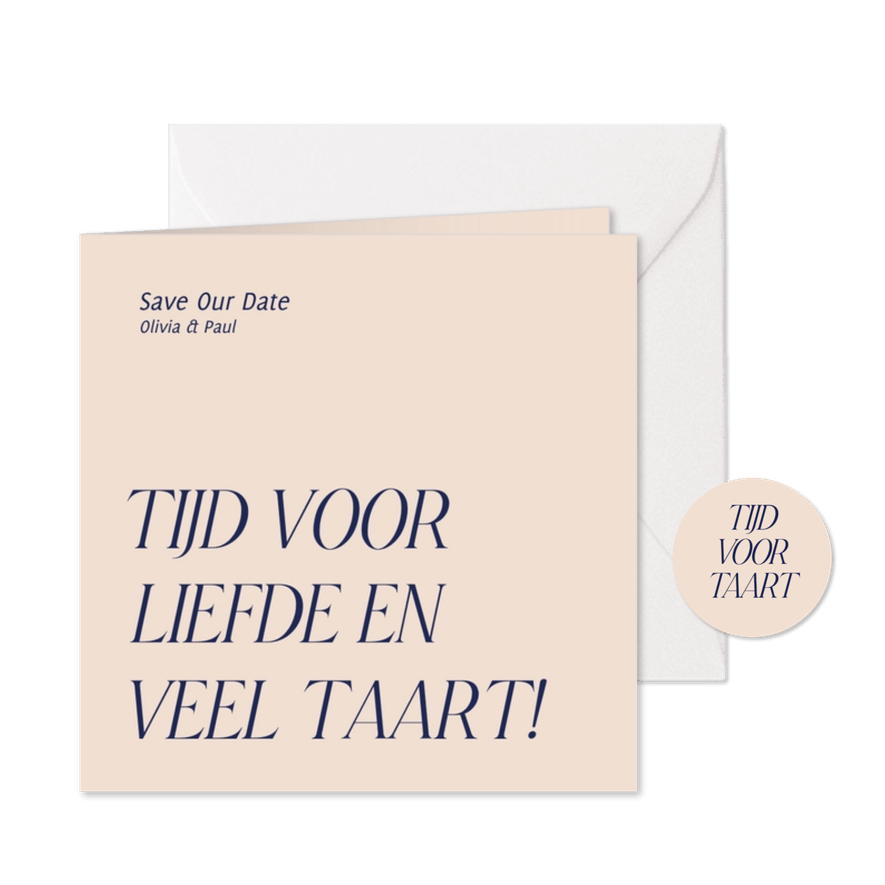 Grappige save the date kaart liefde en taart - Kaartimpressie