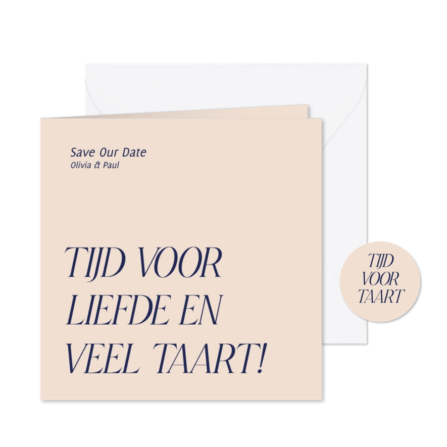 Grappige save the date kaart liefde en taart - Kaartimpressie