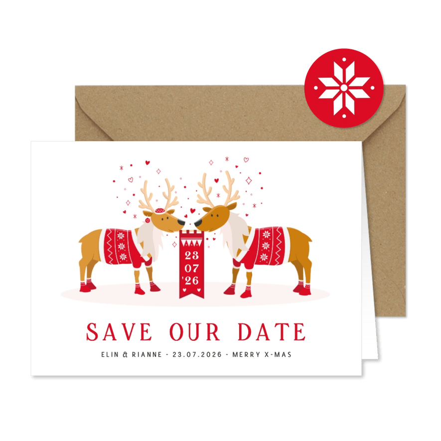 Grappige Save the Date kerstkaart met 2 rendieren - Kaartimpressie