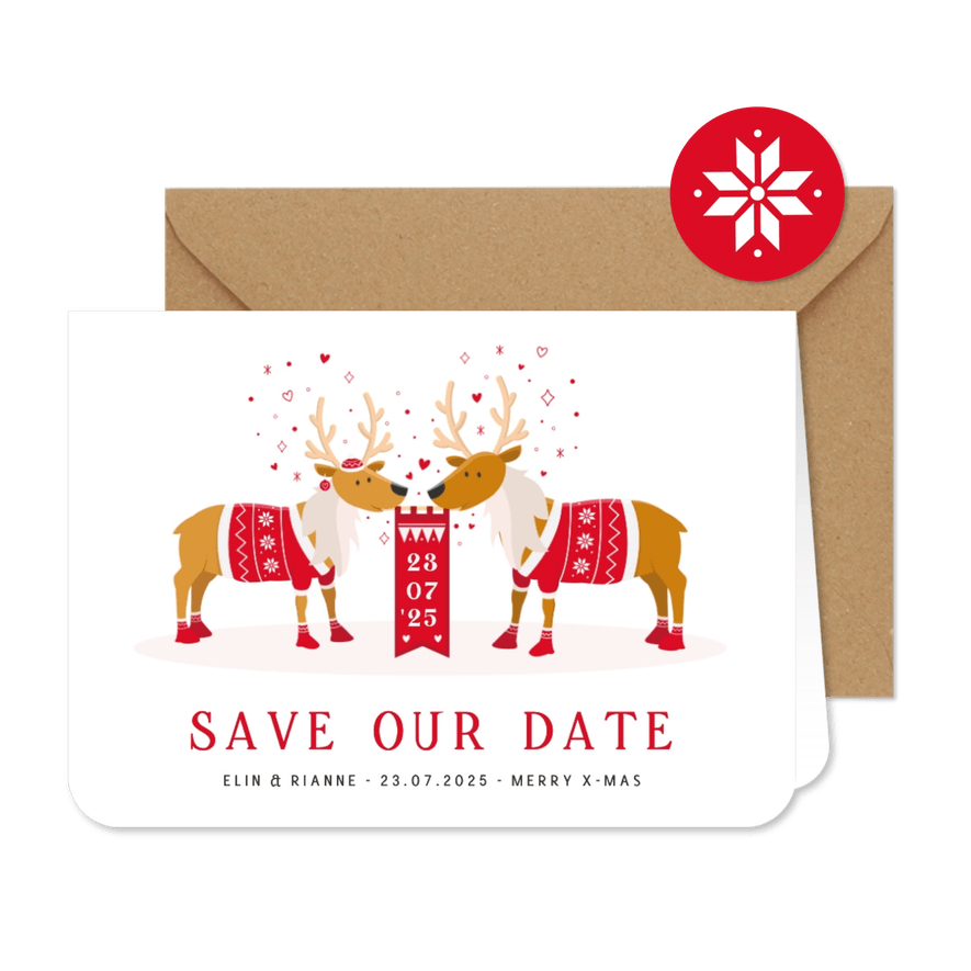 Grappige Save the Date kerstkaart met 2 rendieren - Kaartimpressie