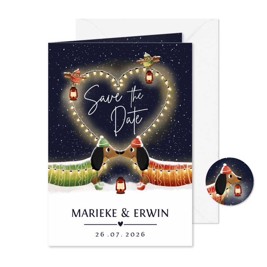 Grappige Save the Date kerstkaart met 2 teckels en hart - Kaartimpressie