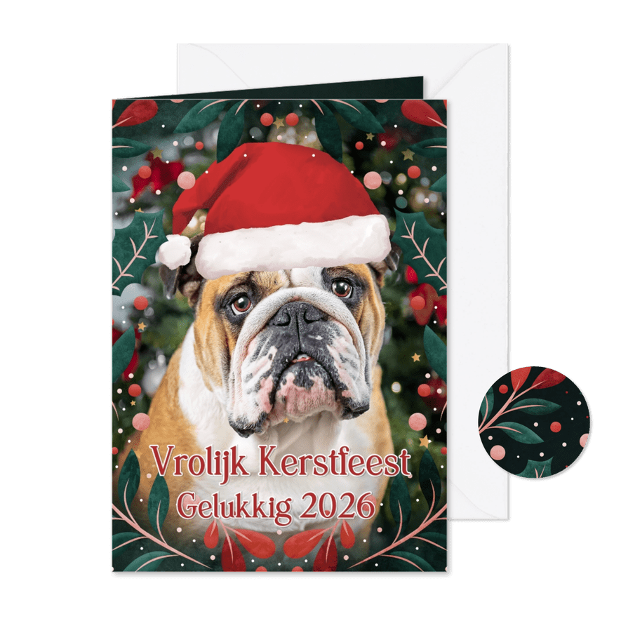 Grappige staande kerstkaart met eigen foto van bulldog - Kaartimpressie