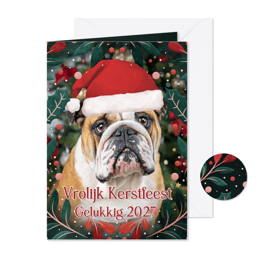 Grappige staande kerstkaart met eigen foto van bulldog - Kaartimpressie