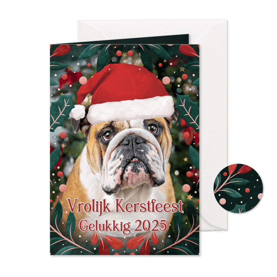 Grappige staande kerstkaart met eigen foto van bulldog  - Kaartimpressie