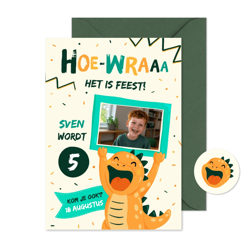 Grappige stoere dino uitnodiging voor een gezellig feestje - Kaartimpressie