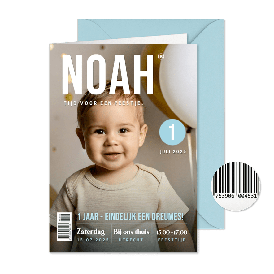 Grappige tijdschrift kaart uitnodiging eerste verjaardag - Kaartimpressie