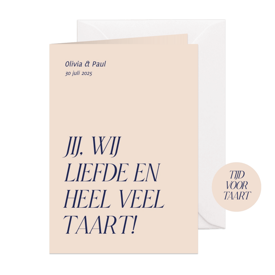 Grappige typografische trouwkaart liefde en heel veel taart  - Kaartimpressie